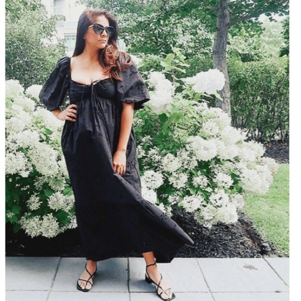 Zara Eyelet Black Poplin Midi Dress with Cutwork